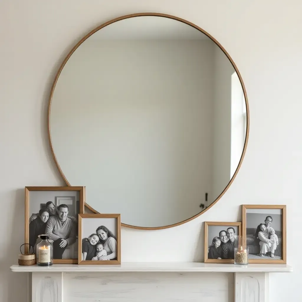 a photo of a circular mirror surrounded by family photos on a mantel