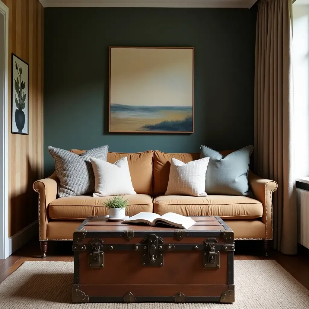 a photo of a reading nook with a vintage trunk as a coffee table and cushions