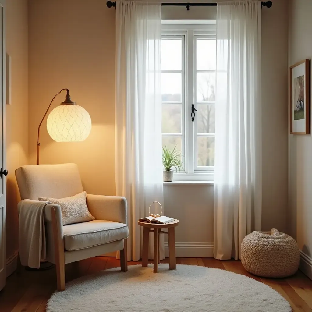 a photo of a cozy reading nook with a floor lamp in a nursery