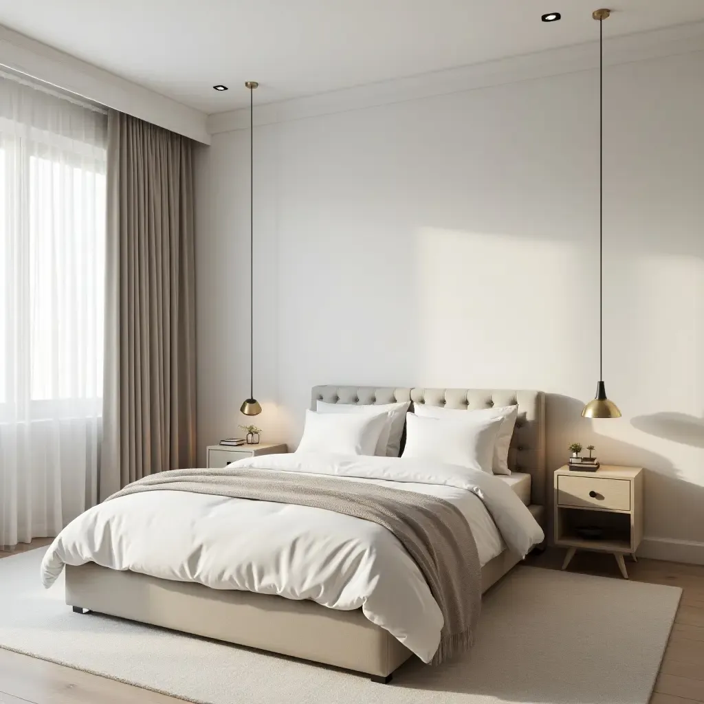 a photo of a minimalist bedroom with neutral colors and modern furniture