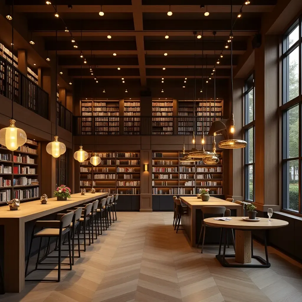 a photo of a stylish library featuring metallic light fixtures