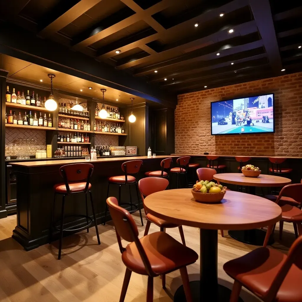 a photo of a family-friendly basement bar with games and a snack area