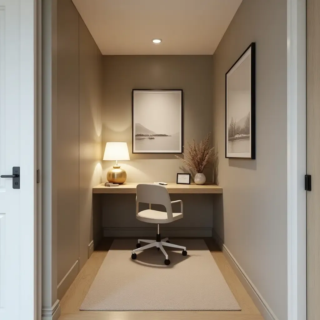 a photo of a narrow corridor with a compact home office setup