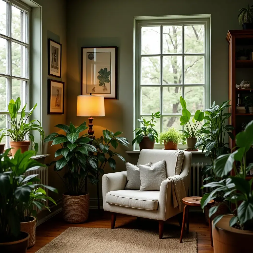 a photo of a cozy reading nook with plants surrounding a comfy chair