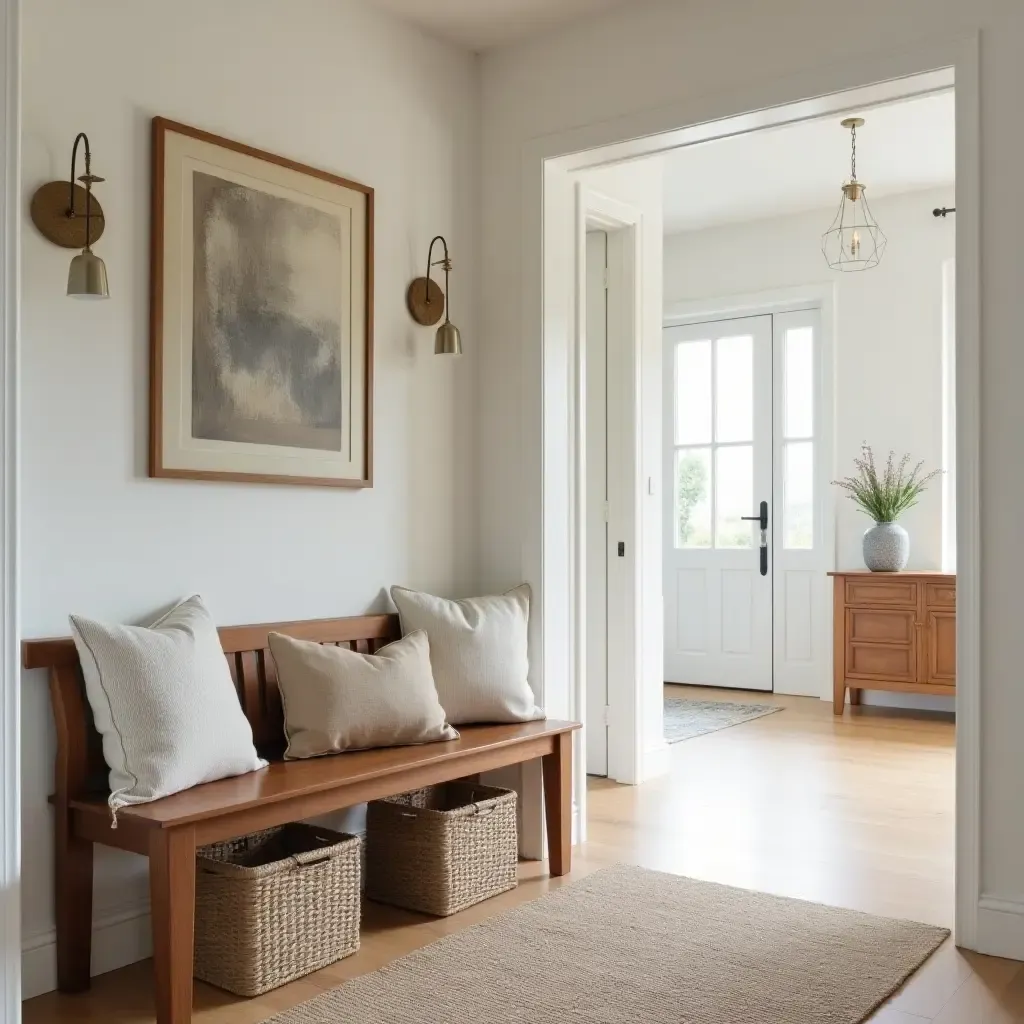 a photo of an inviting entrance hall with soft throw pillows on a wooden bench