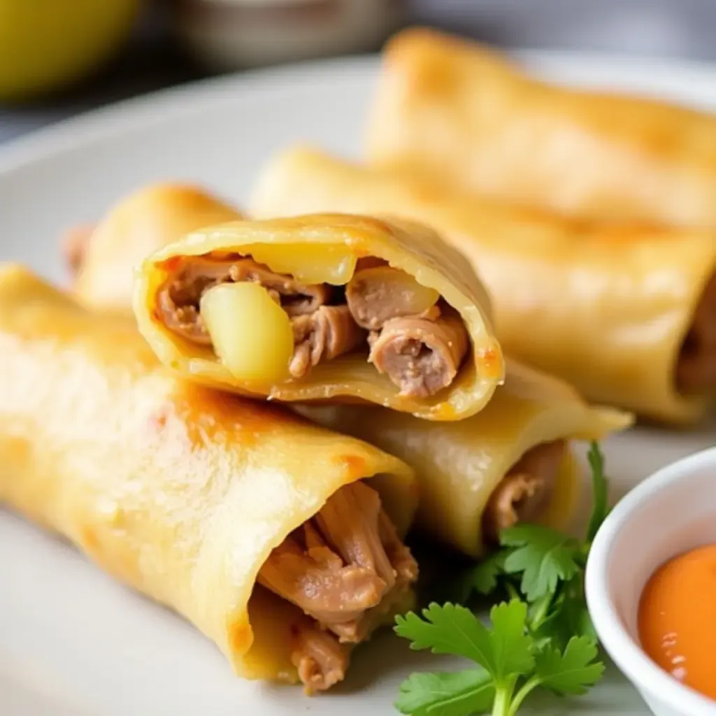 a photo of spring rolls with grilled pineapple, pulled pork, and cilantro, served with chipotle mayo.