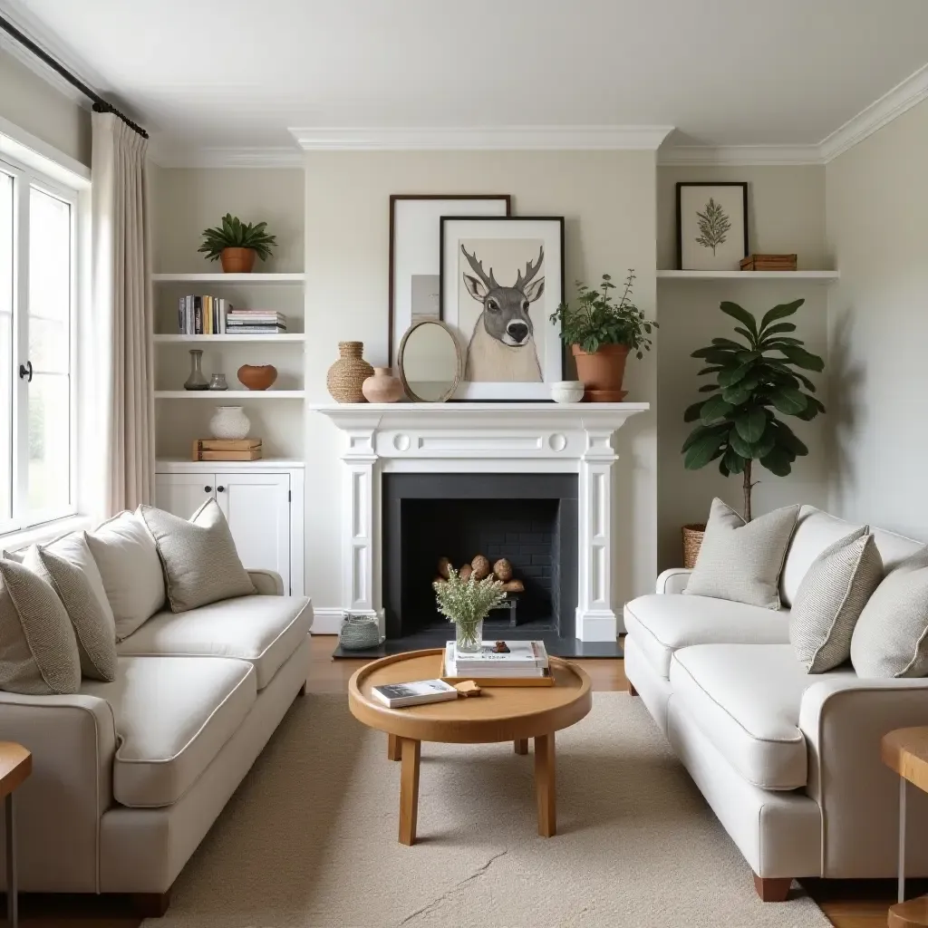 a photo of a cozy living room with a farmhouse-style gallery shelf