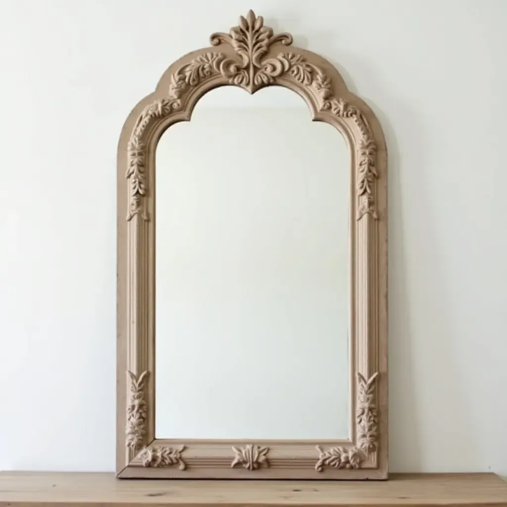 a photo of a charming farmhouse-style mirror with a distressed finish