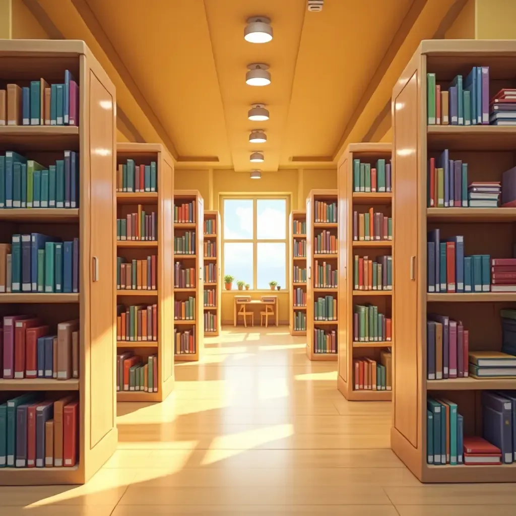 a photo of a library with a bright color scheme and organized sections