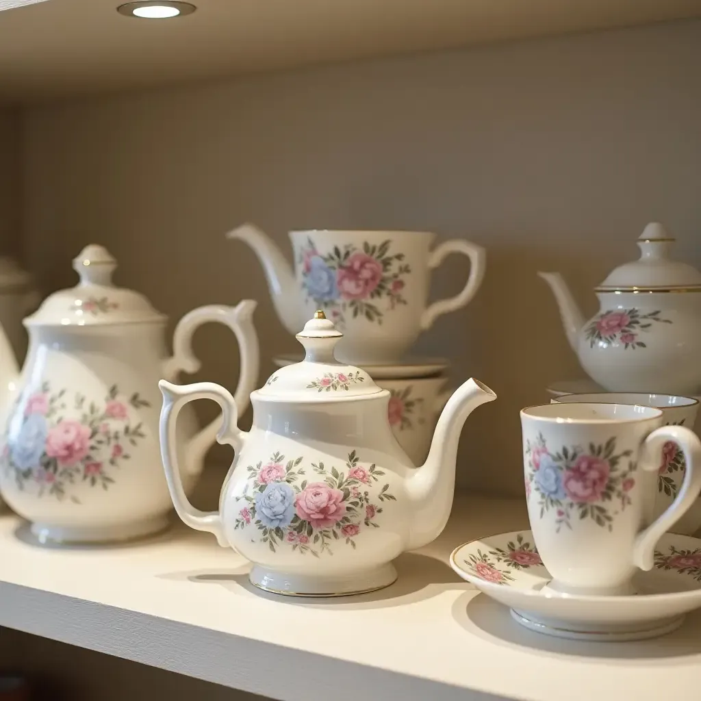 a photo of a charming tea set displayed on a shelf