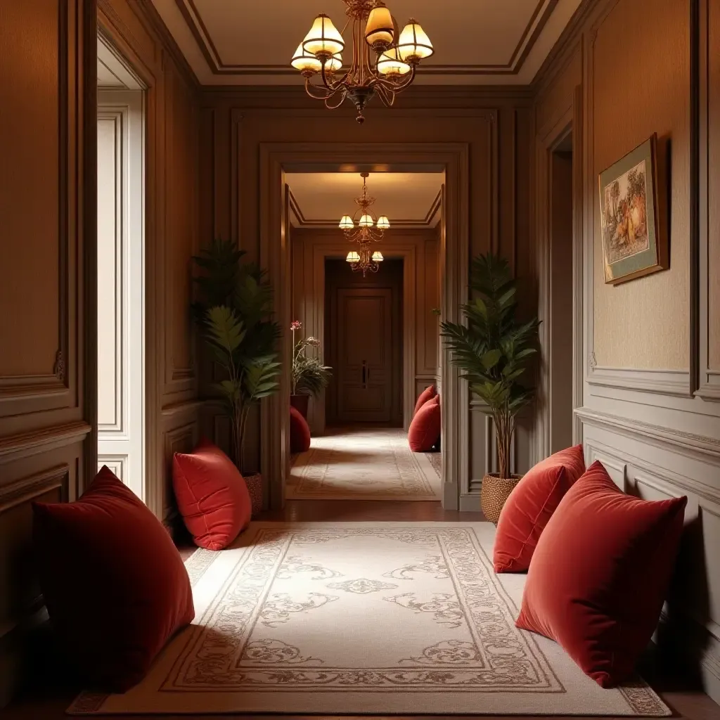 a photo of an elegant corridor decorated with luxurious velvet throw pillows