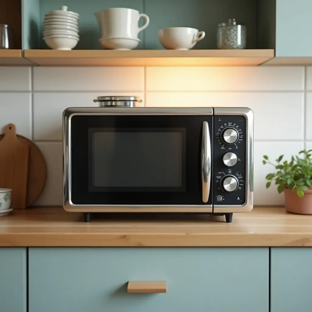 a photo of a vintage microwave in a modern kitchen setting