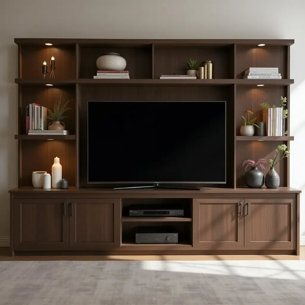 a photo of a dark wood entertainment center with sleek electronics and decor