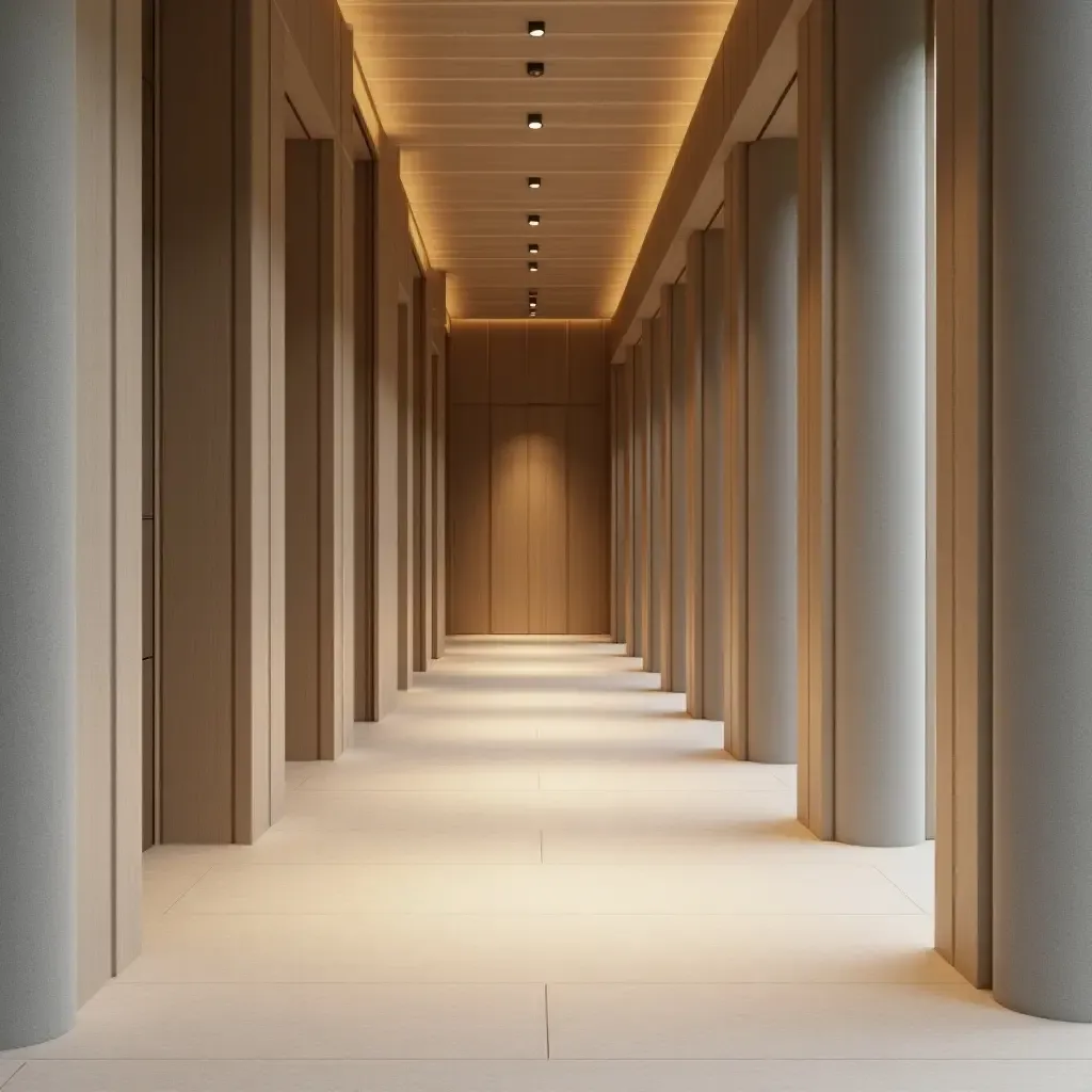 a photo of a serene corridor with muted fabric, light wood, and brushed metal textures