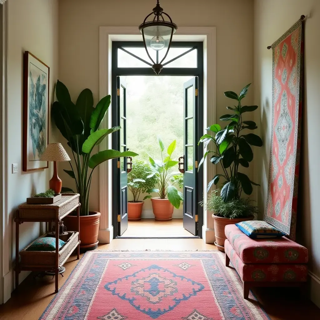 a photo of a bohemian foyer filled with plants and colorful textiles