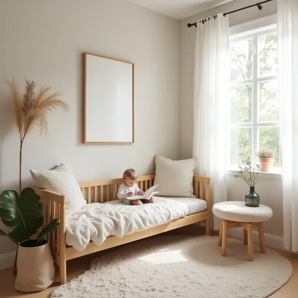 a photo of a reading nook with a small table for storytime in a nursery