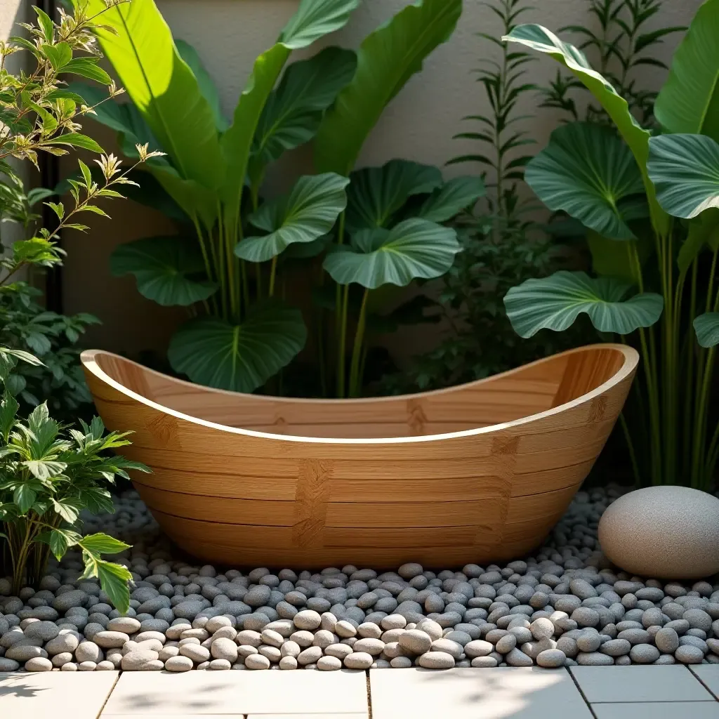 a photo of a wooden bathtub surrounded by pebbles and plants