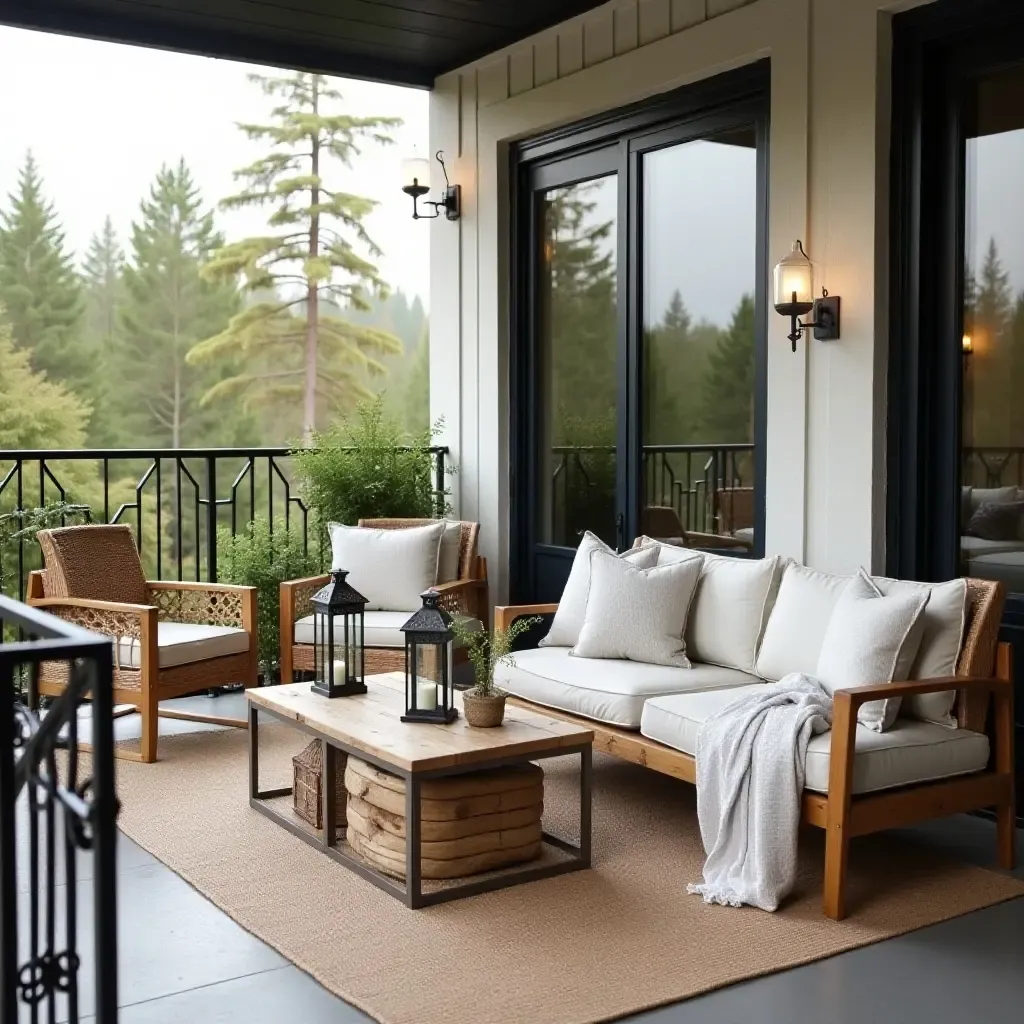 a photo of a chic balcony featuring woven fabric chairs, reclaimed wood table, and metal lanterns