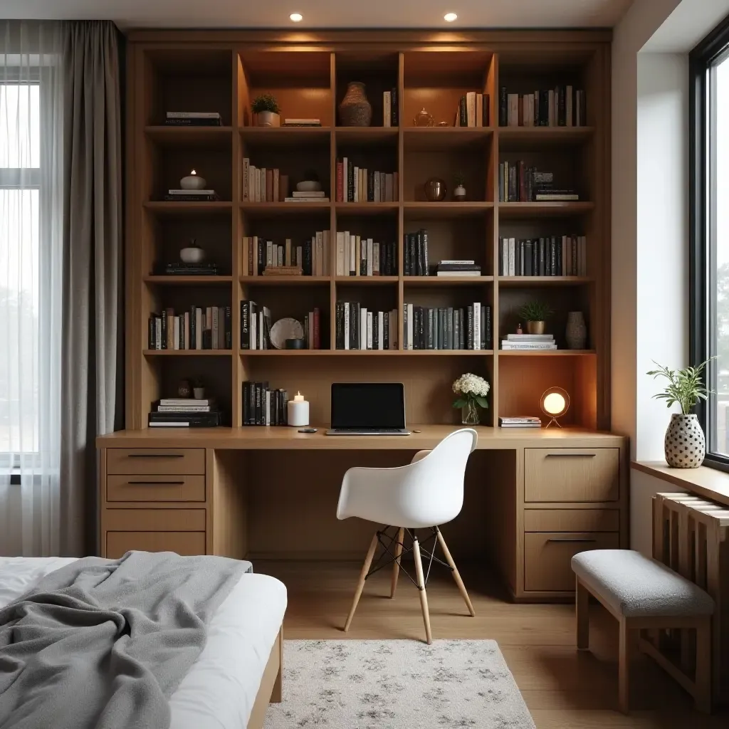 a photo of a compact library setup in a small bedroom