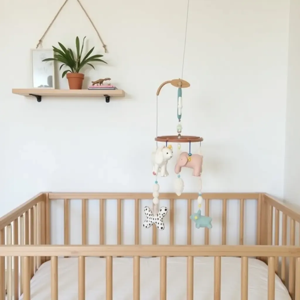 a photo of a small nursery showcasing a charming mobile over the crib