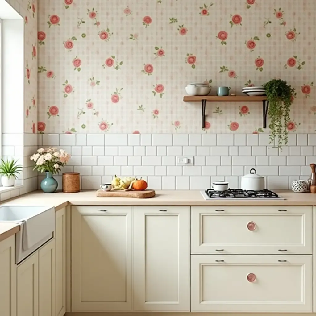 a photo of a classic kitchen with a pastel color palette and floral wallpaper