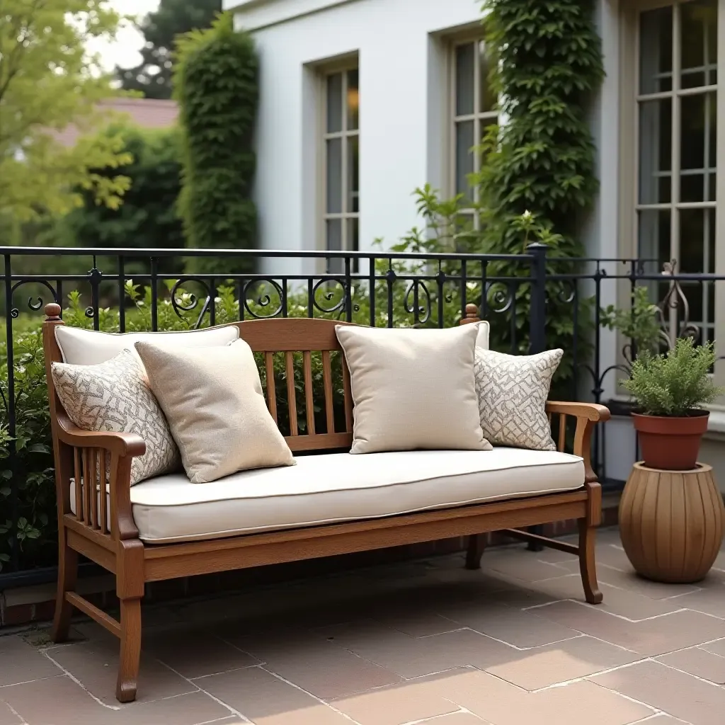 a photo of a balcony with an antique wooden bench and decorative pillows