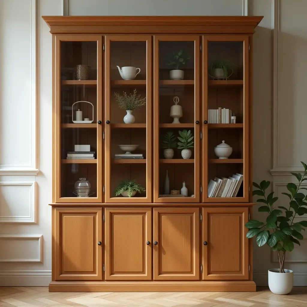 a photo of a wooden display cabinet showcasing decor