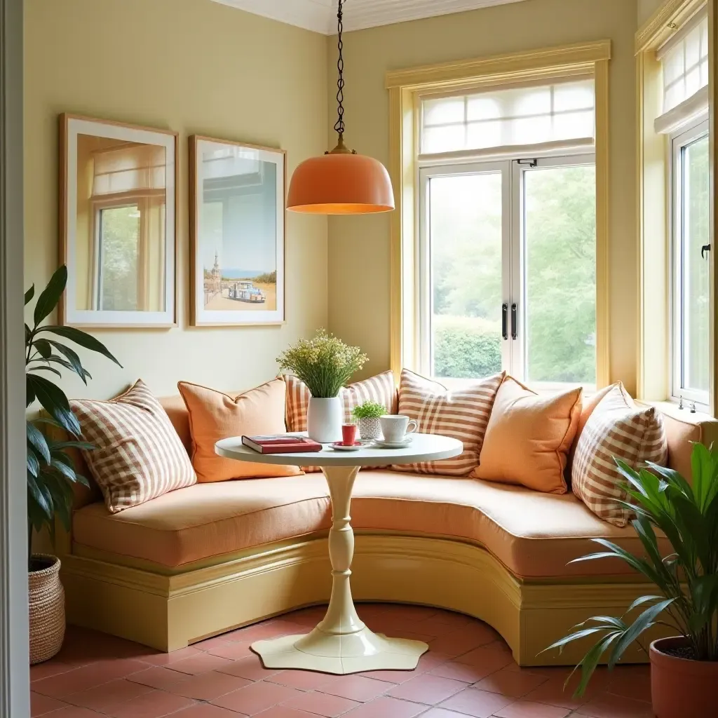 a photo of a breakfast nook with bright colors and cheerful accents