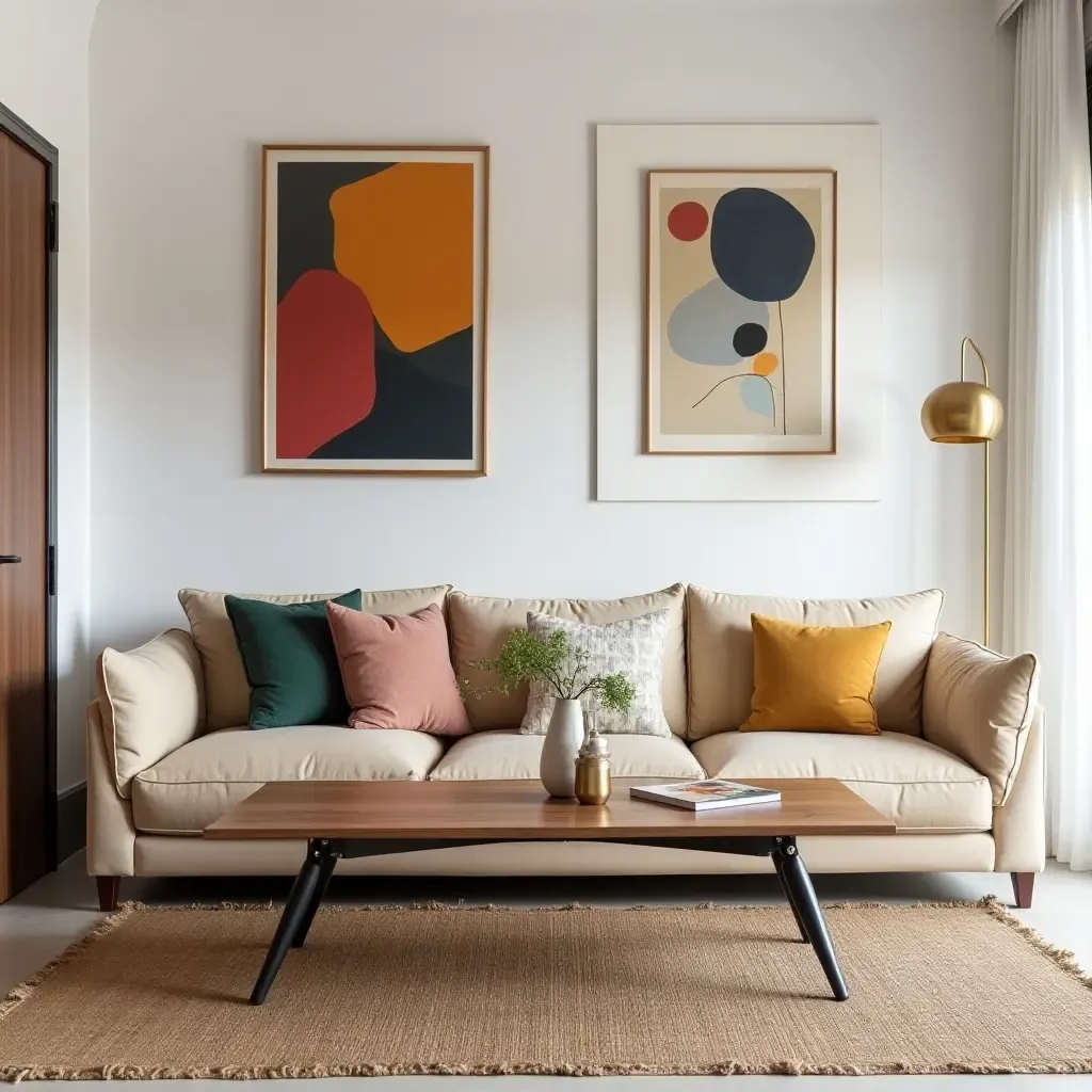 a photo of a small living room featuring a foldable coffee table and vibrant artwork on the walls