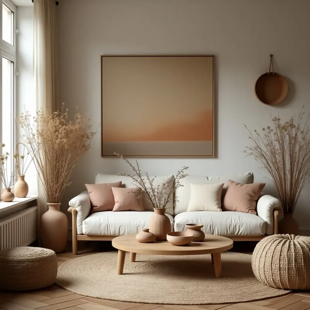 a photo of a living room adorned with handmade pottery and wildflowers