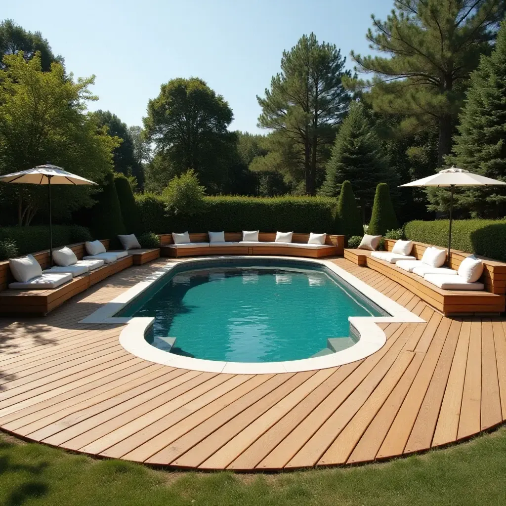 a photo of a wooden deck with built-in seating around the pool