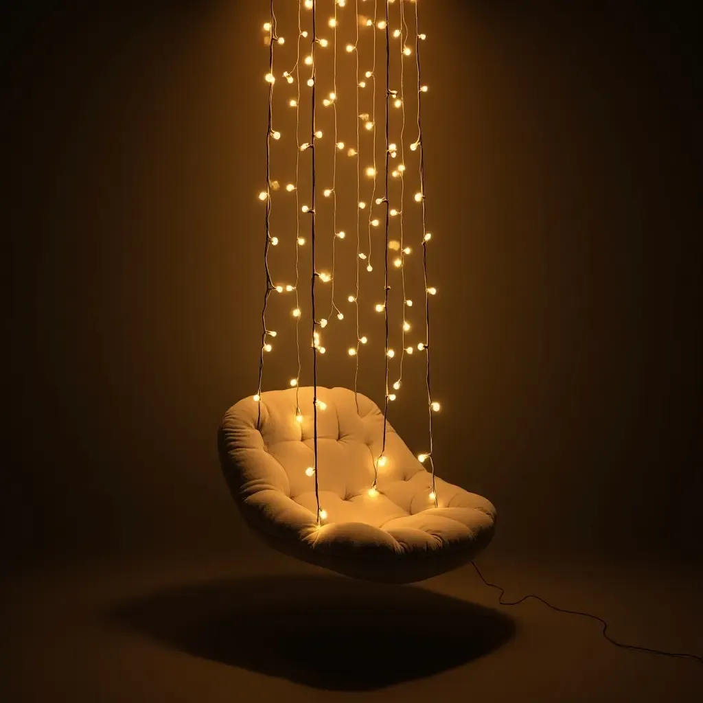 a photo of a hanging chair suspended from the ceiling with fairy lights