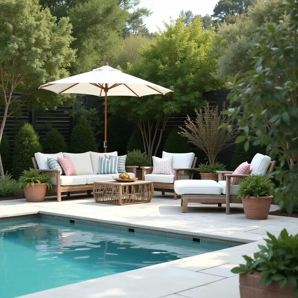 a photo of a serene poolside garden featuring farmhouse decor and comfortable seating