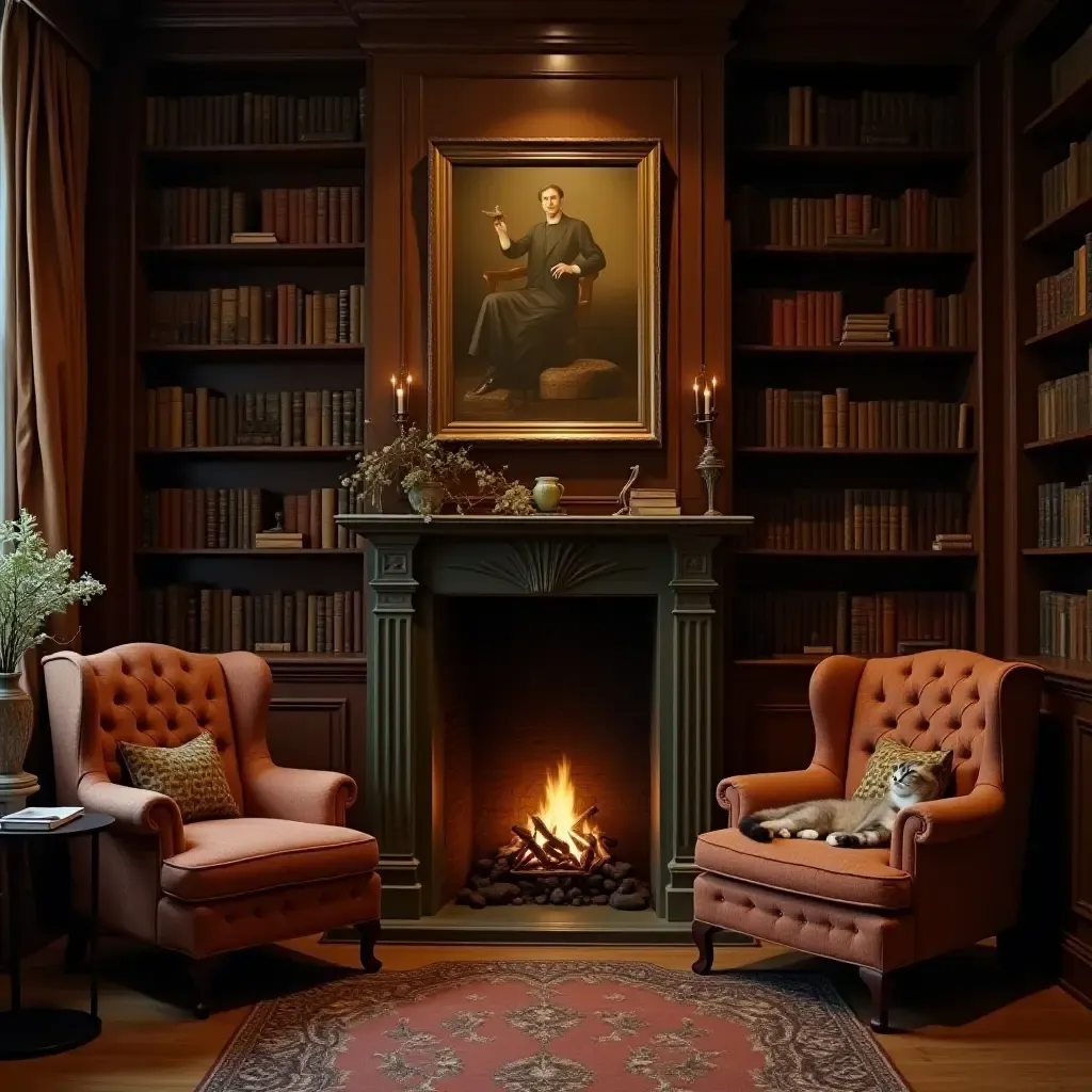 a photo of a quaint library with a fireplace, armchairs, and a cat lounging