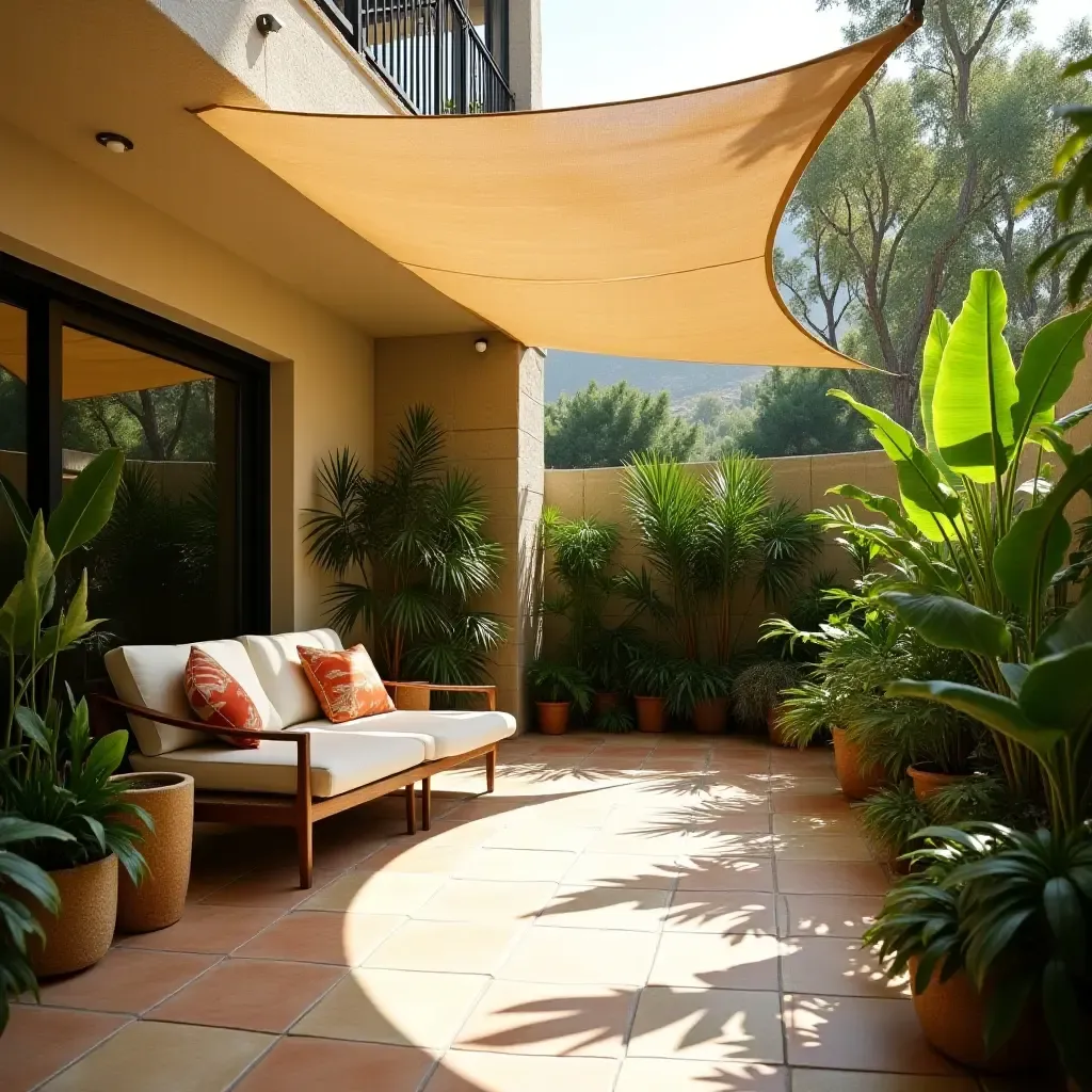 a photo of a patio with a sunshade and tropical plants