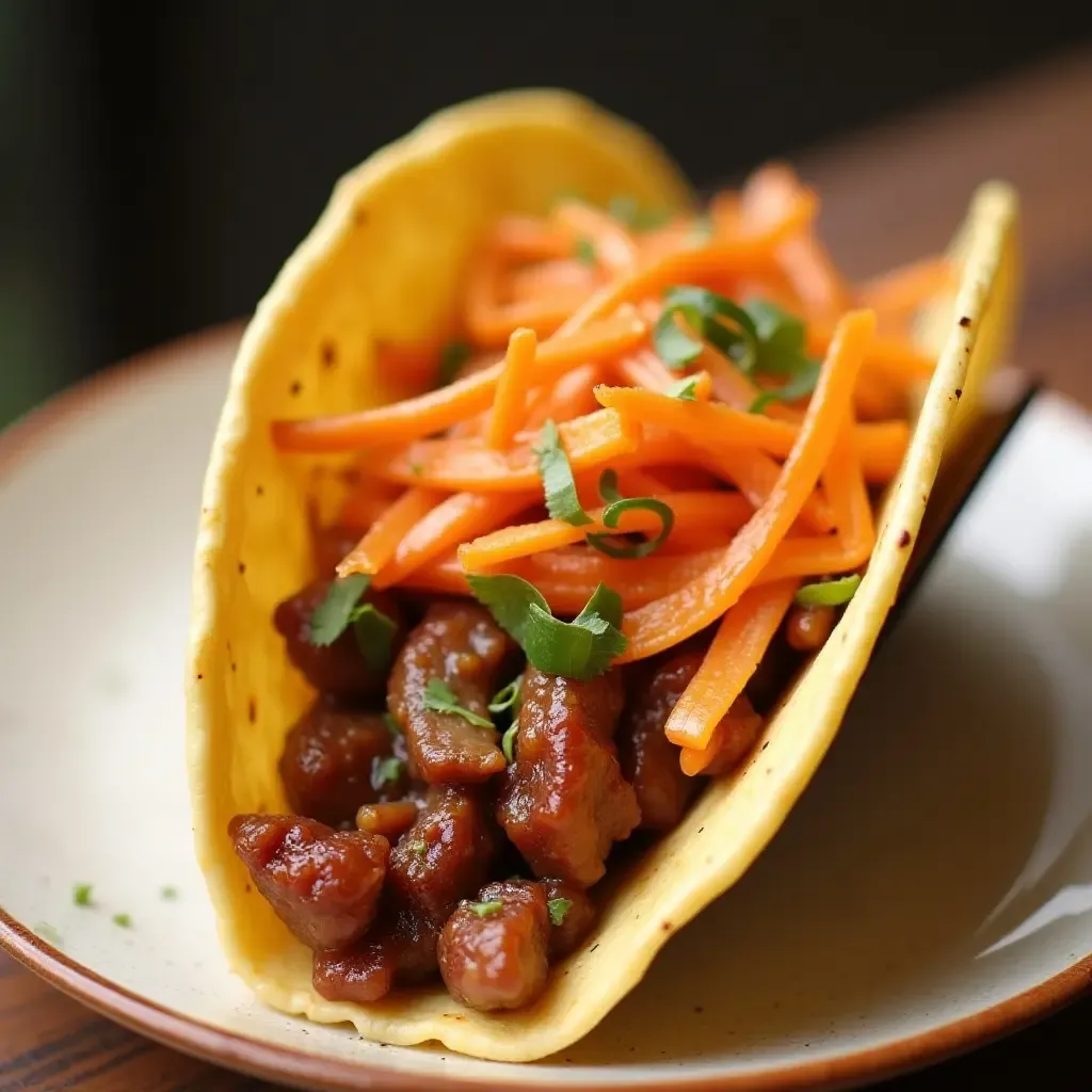 a photo of a taco filled with Korean BBQ bulgogi and kimchi slaw