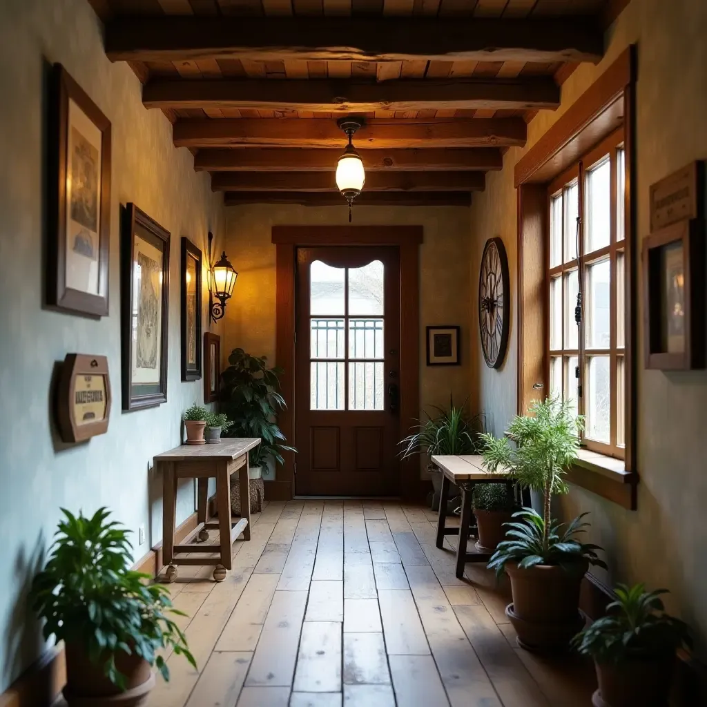 a photo of a quaint hallway featuring vintage signs and rustic elements