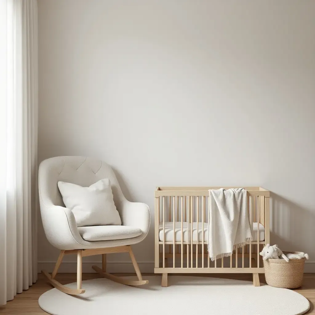 a photo of a cozy nursery with a minimalist rocking chair and soft textiles