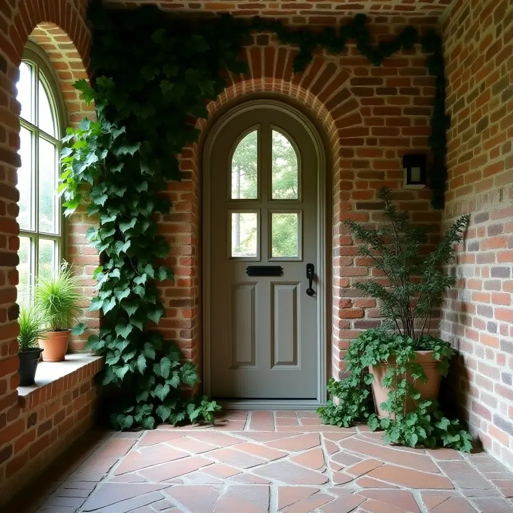 a photo of a charming brick wall with climbing ivy in an entrance hall