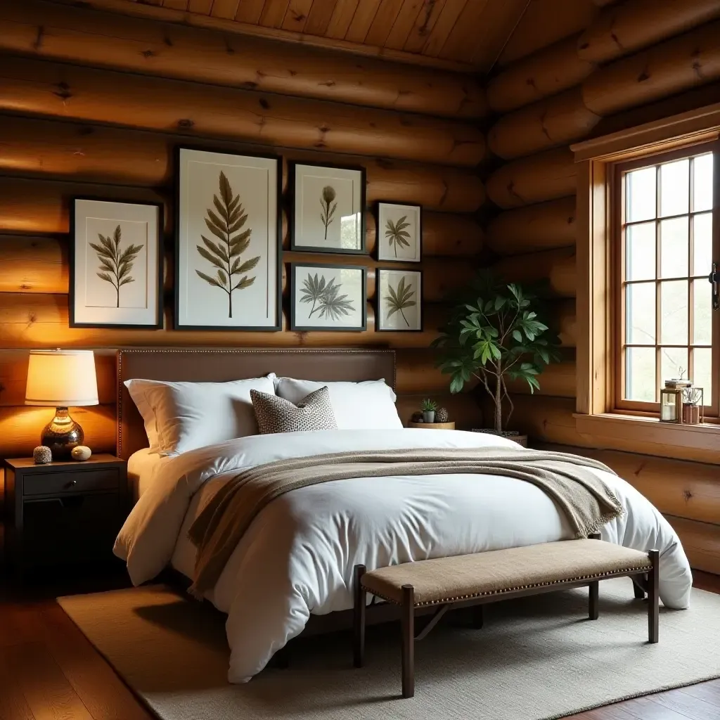 a photo of a cozy cabin bedroom showcasing a gallery wall of nature-inspired art