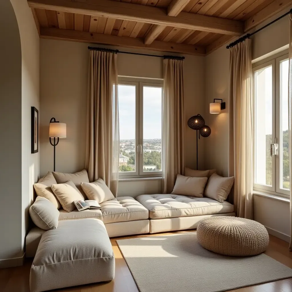 a photo of a cozy reading nook in a Mediterranean bedroom with plush cushions