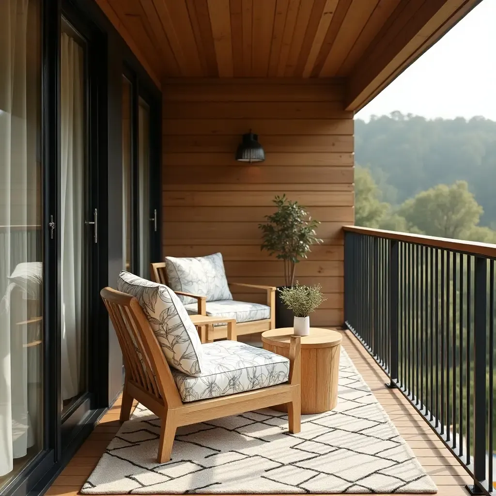 a photo of a cozy balcony with patterned fabric, natural wood accents, and metal railings