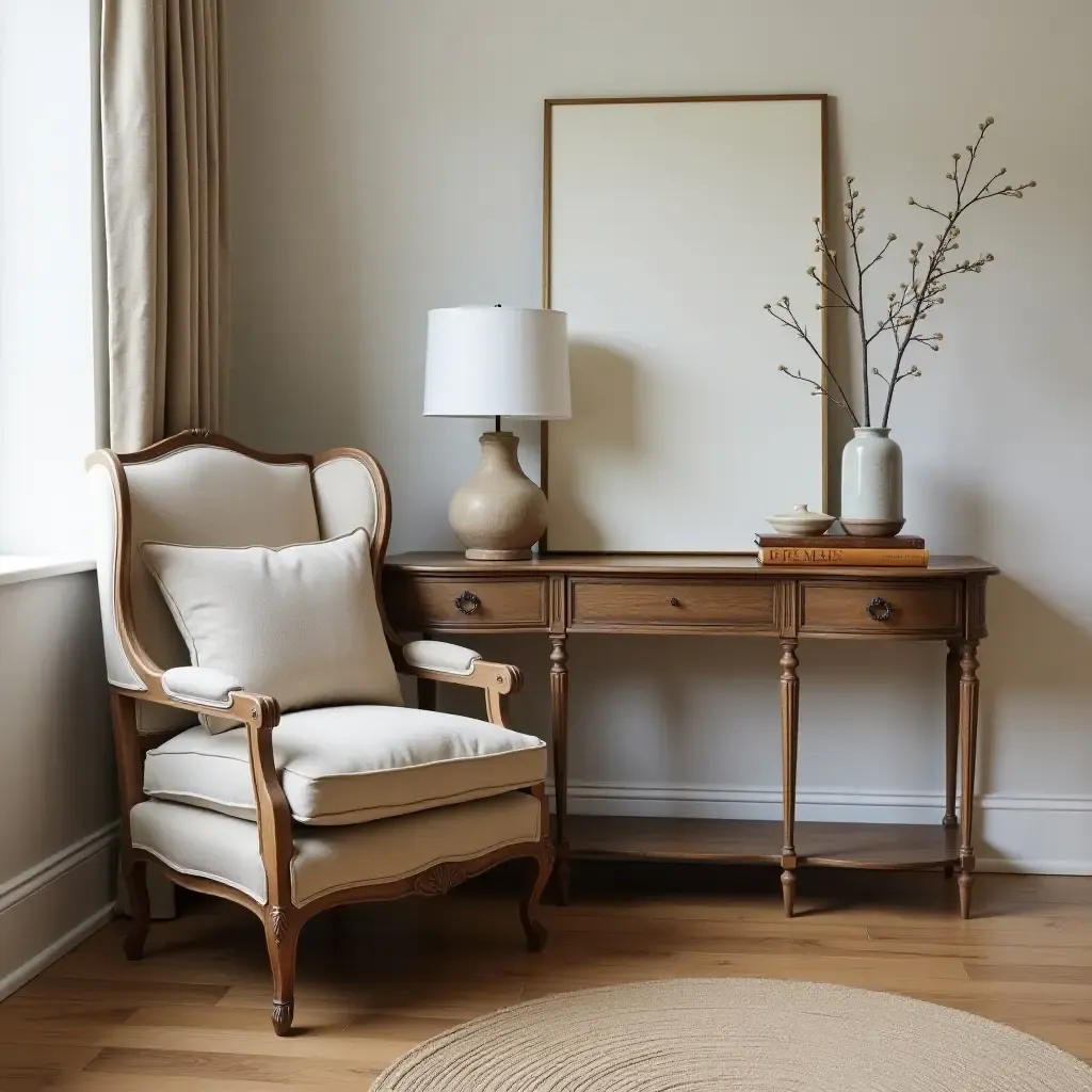 a photo of a vintage armchair placed beside a console table