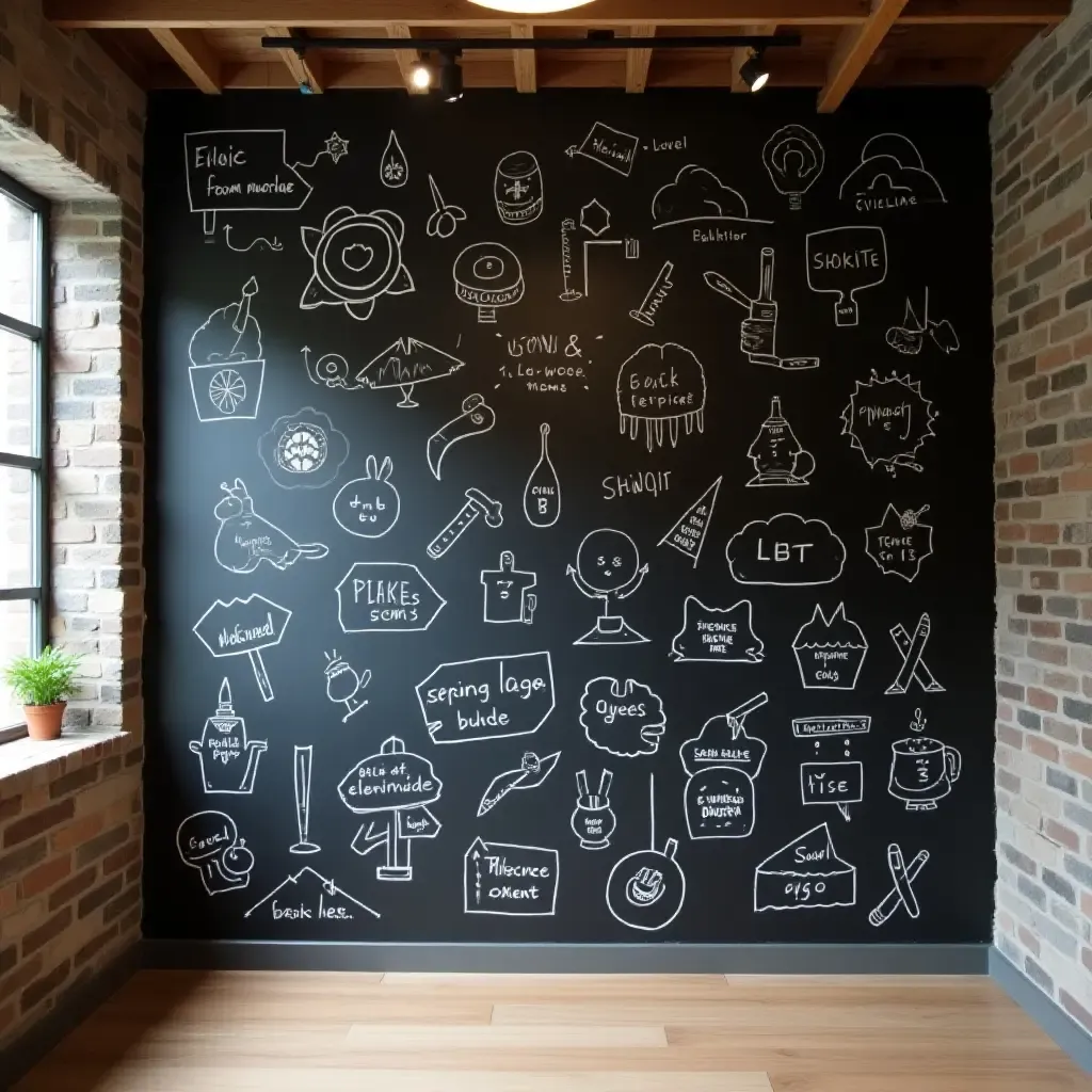 a photo of a chalkboard wall with creative doodles in a basement