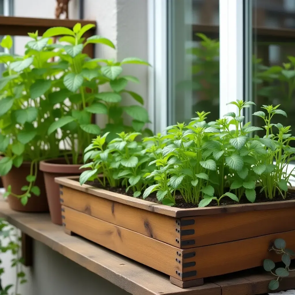 a photo of a balcony garden featuring wooden planters and herbs