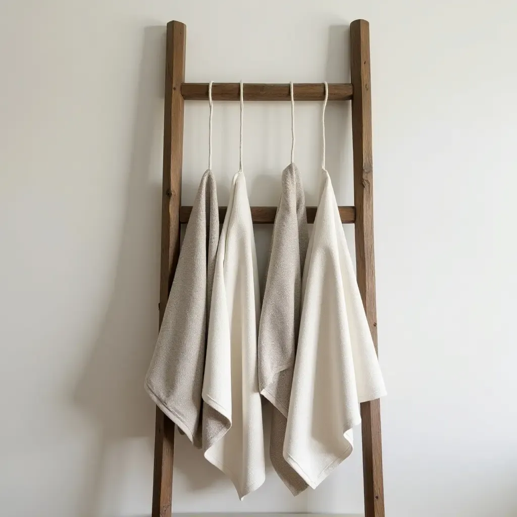 a photo of a rustic wooden ladder used for hanging kitchen towels