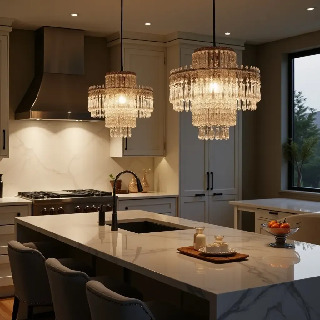 a photo of pendant lights with crystal accents in a luxurious kitchen