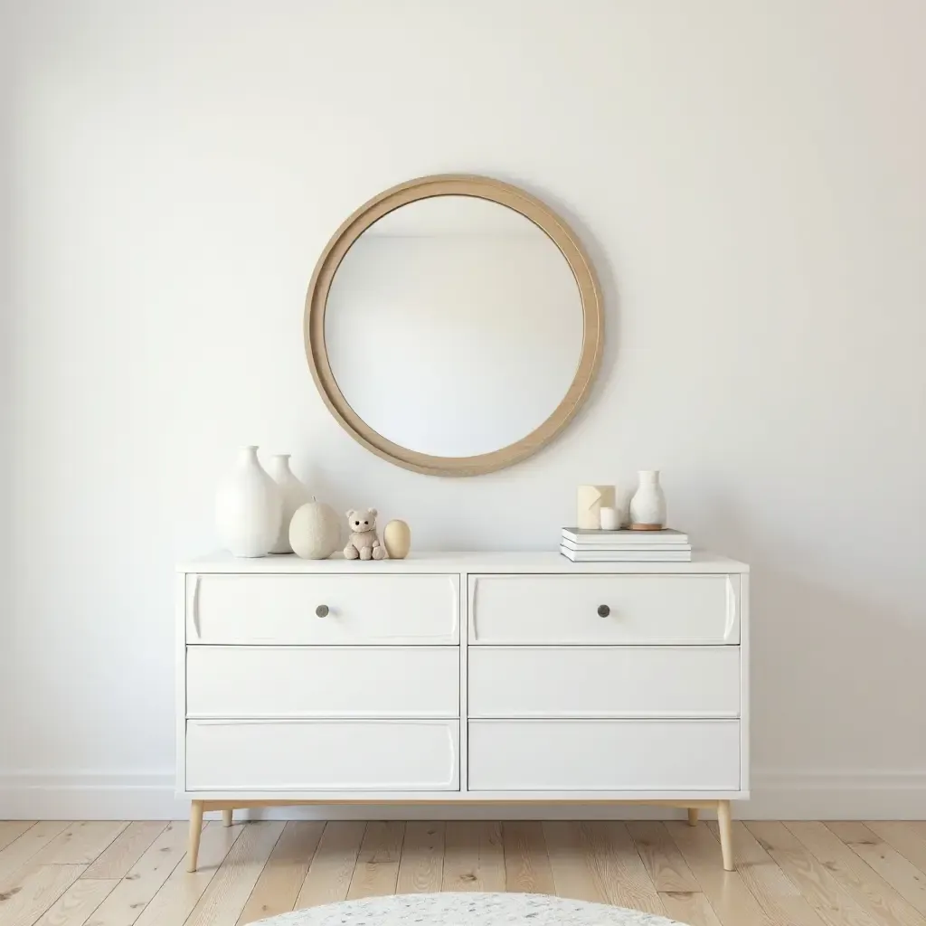 a photo of a nursery with a vintage mirror above a modern dresser