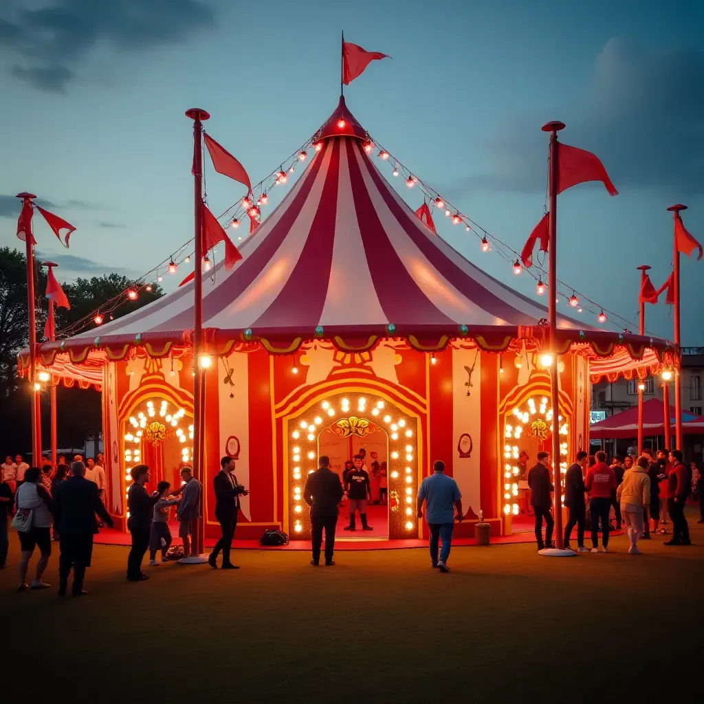 a photo of a vibrant circus tent with balloons and performers