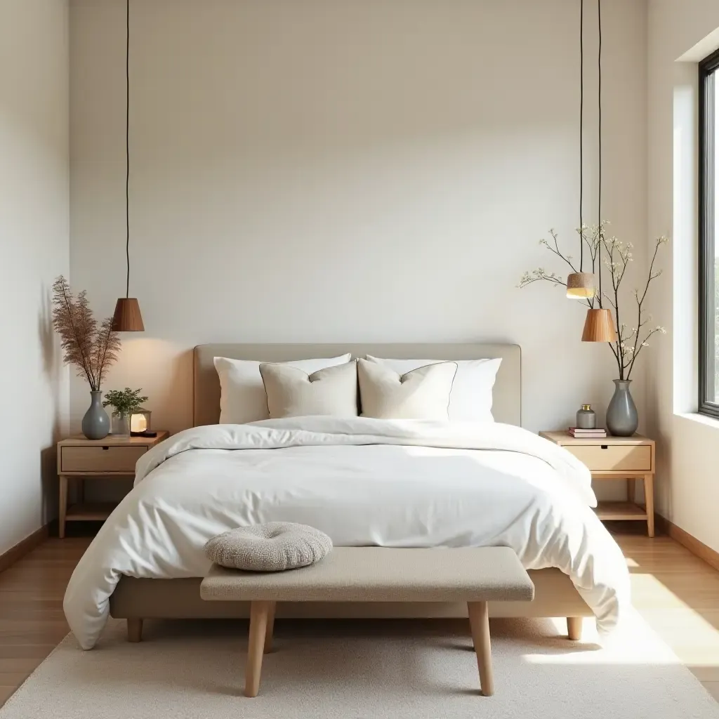 a photo of a cozy bedroom with a simple layout and natural elements